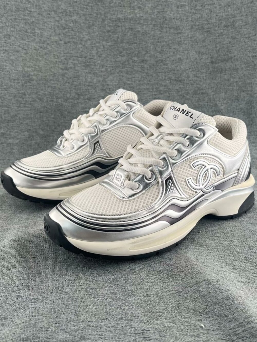 Chanel Metallic Silver Mesh Interlocking CC Logo Trainer Shoes